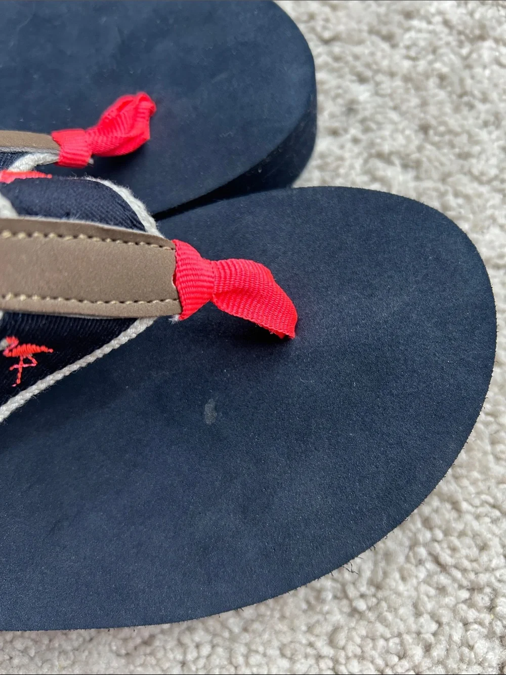 J. Crew Navy Platform Flip Flops with Coral Flamingo Embroidery